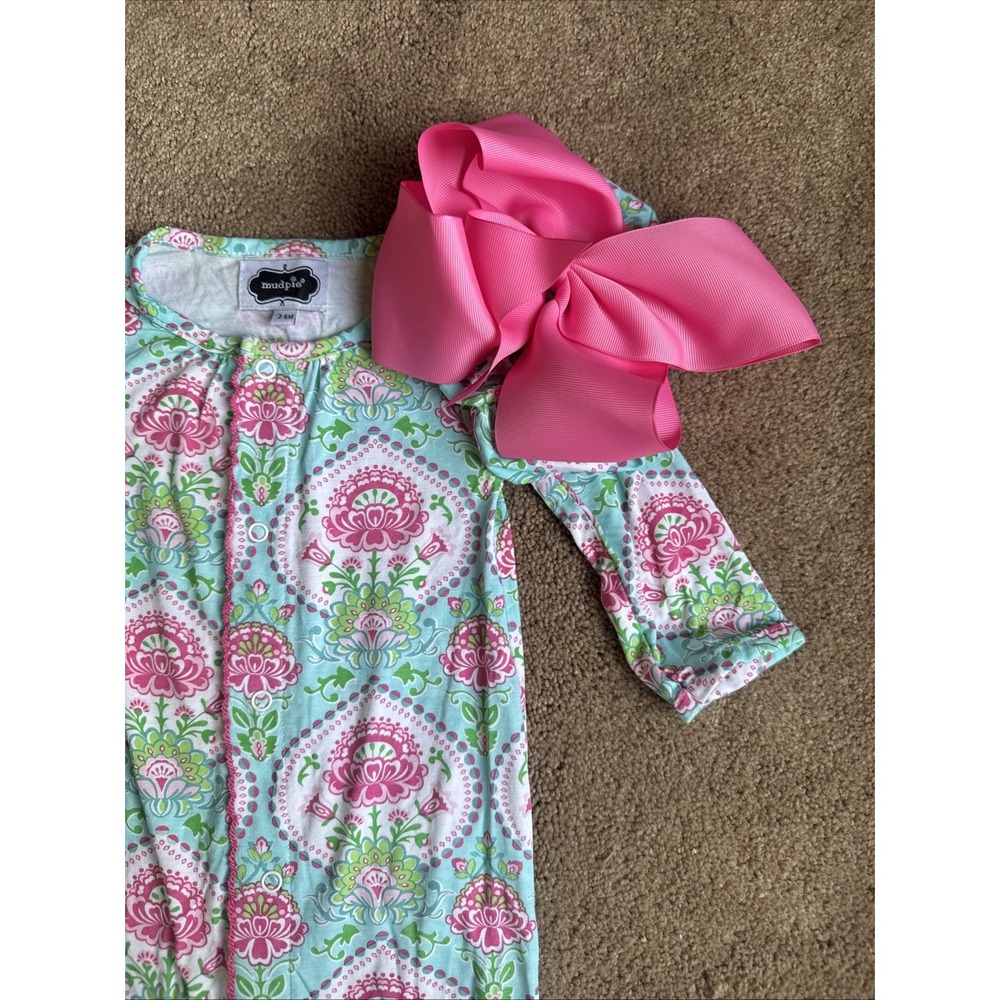 Mudpie Baby Girls Blue And Pink Floral Snap Up Outfit With Bow Cap 3-6 Months - Picture 2 of 10
